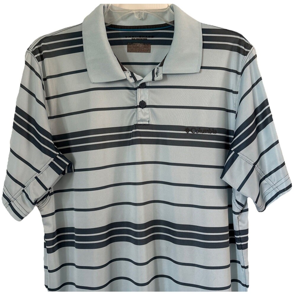 Columbia Polo Shirt Adult M/L Blue Gray Striped Omni-Shade Short Sleeve Men’s